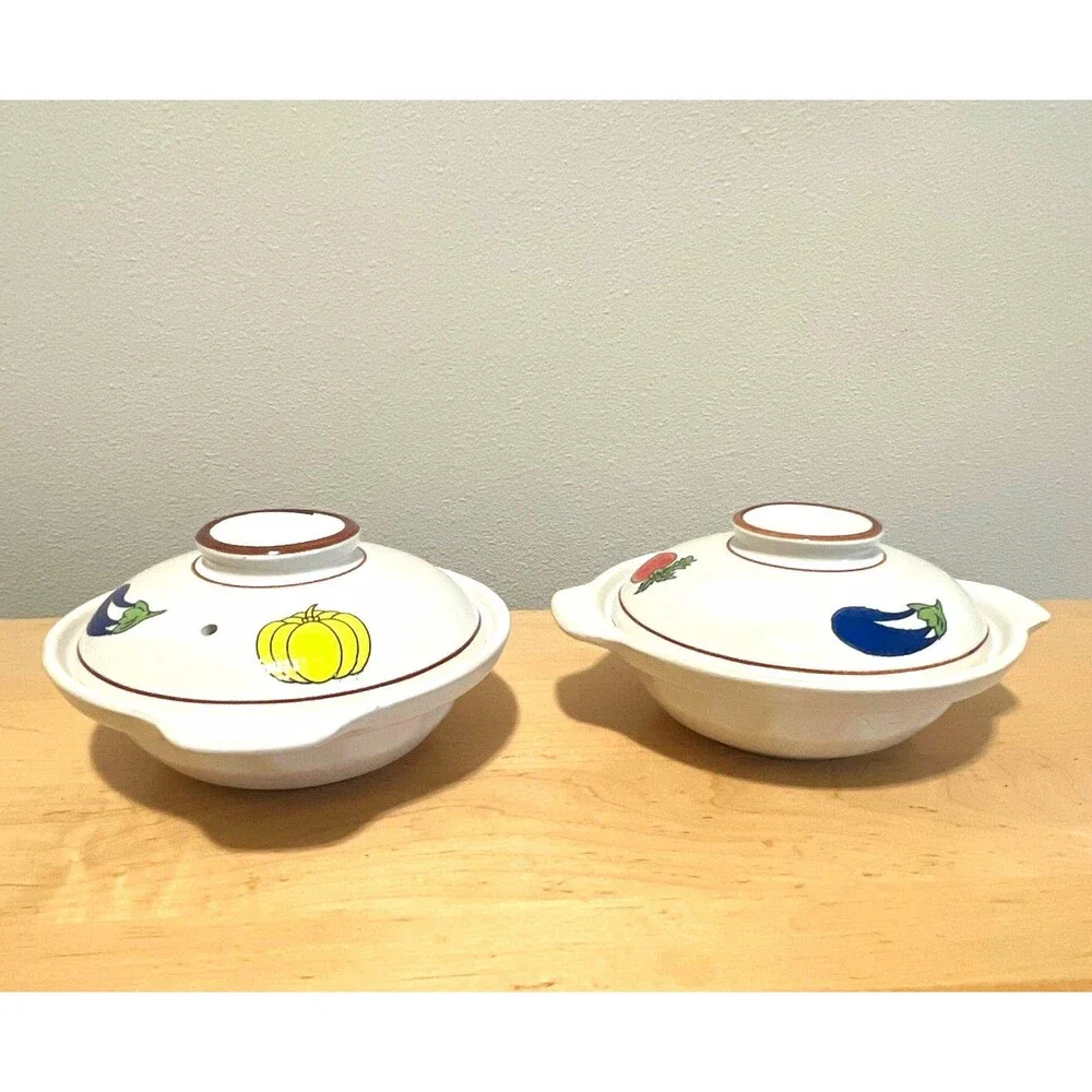 2 Round White Casserole Dishes w/ Lids, Vegetable Pattern, Glossy Finish Donabe